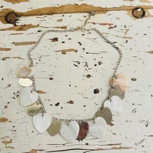 Silver Tone Mother of Pearl Shell Heart Charm Link Necklace Adjustable 19.5in